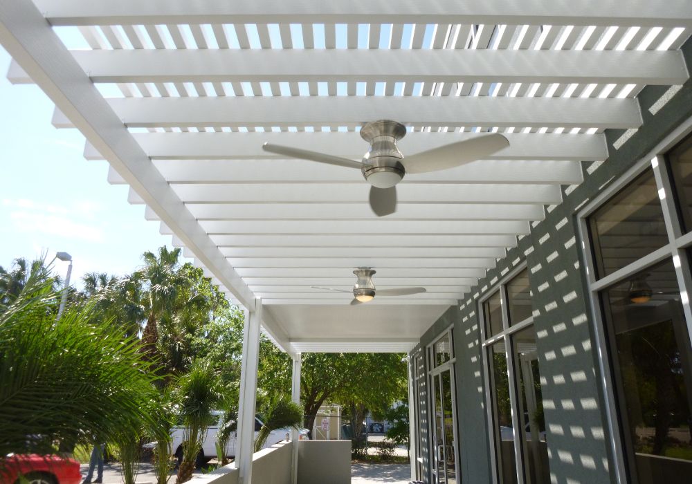 New Horizons –  Aria Trellis Pergola With Fans