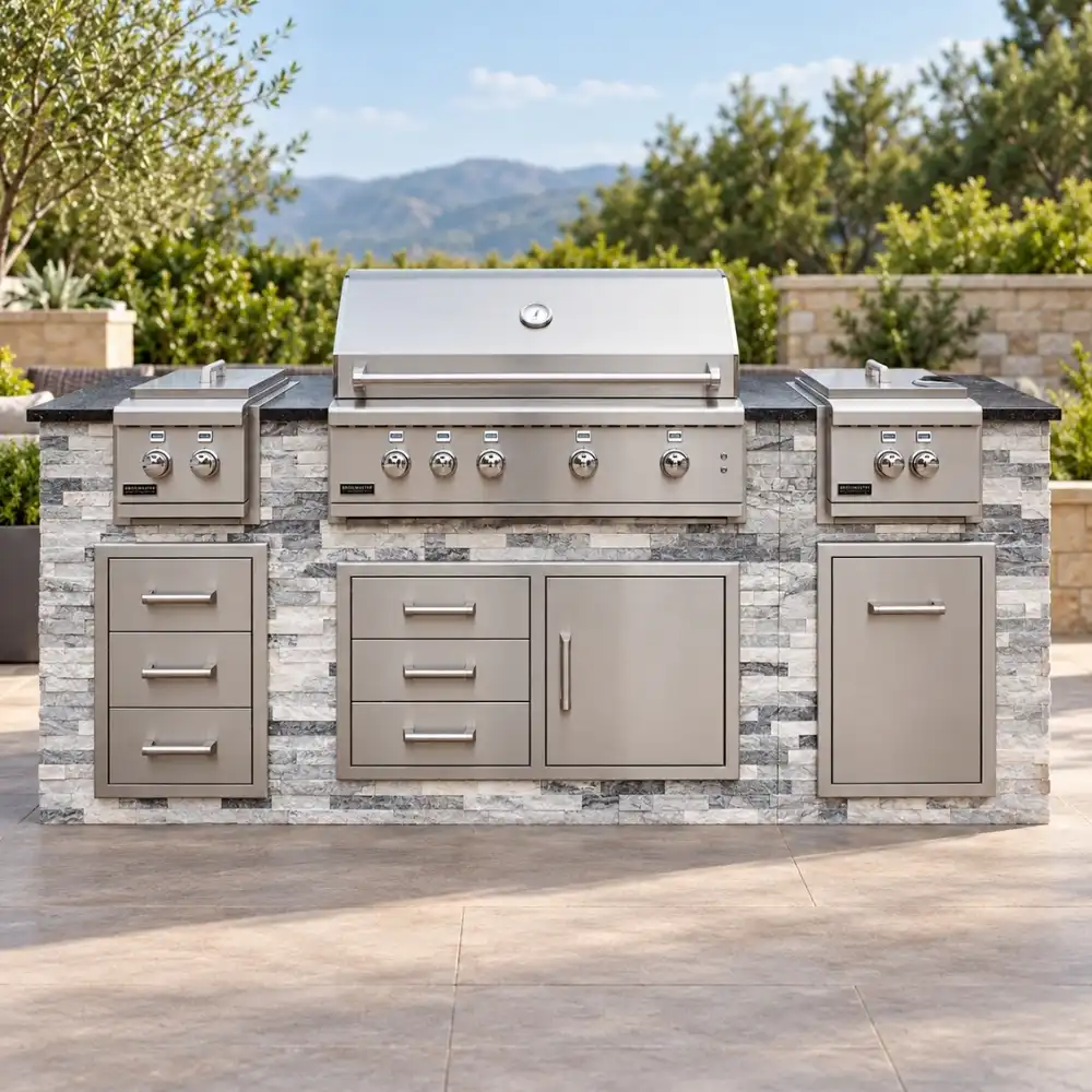 Custom kitchen with a Broilmaster grill and kitchen appliances.